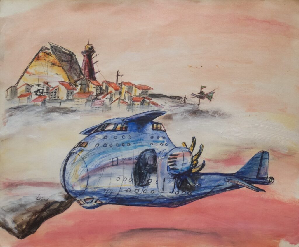 - Untitled Ship with Flying Stone and Town - -- (Large)