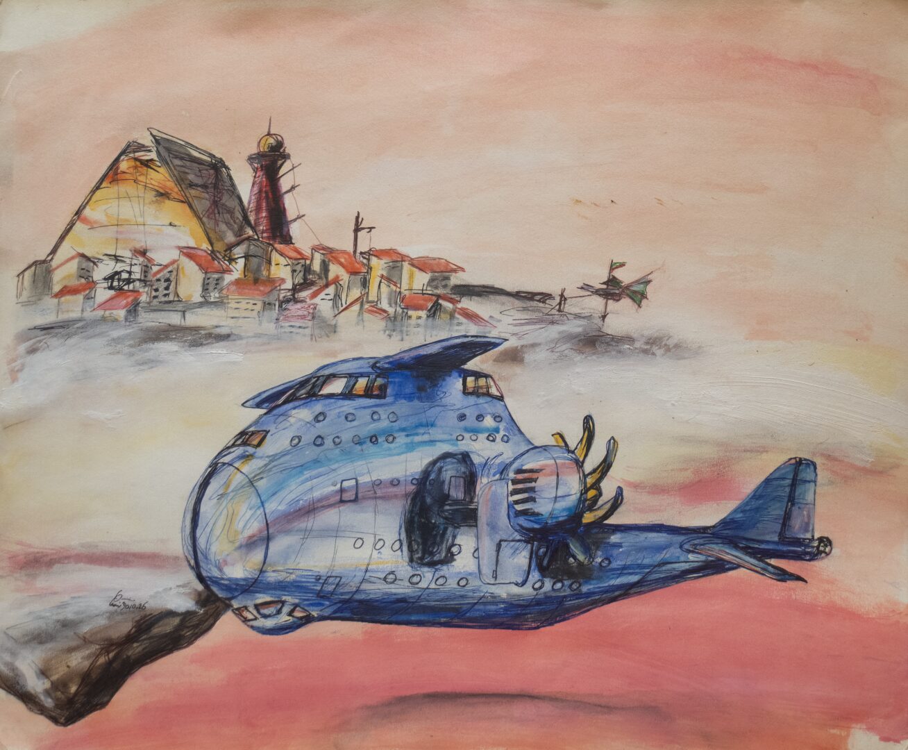 - Untitled Ship with Flying Stone and Town - -- (Large)