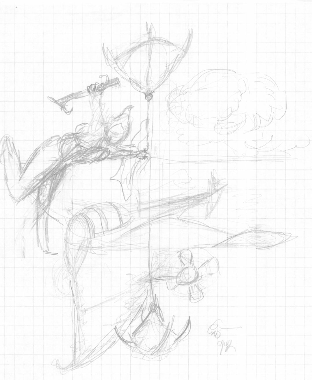 Untitled ship with figure sketch - 2001-02